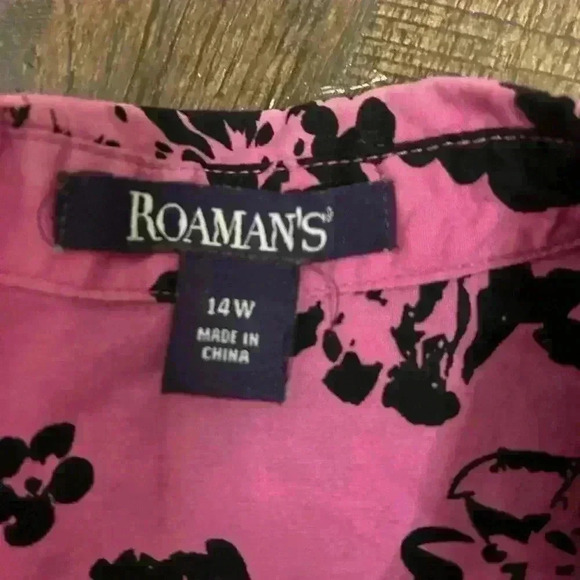 Roamans Womens Plus 14W Bright Fuchsia & Black Floral Cotton‎ Button Down Blouse - Picture 7 of 10